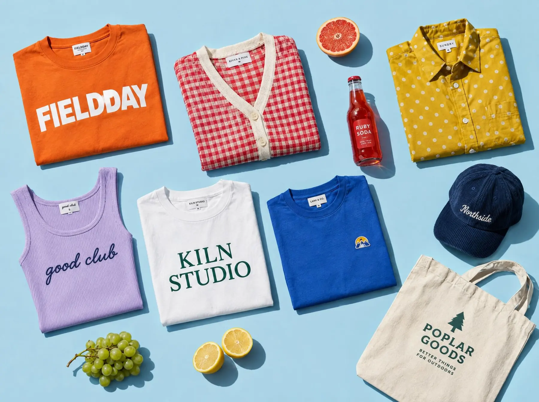 Branded apparel from several companies laid out flat