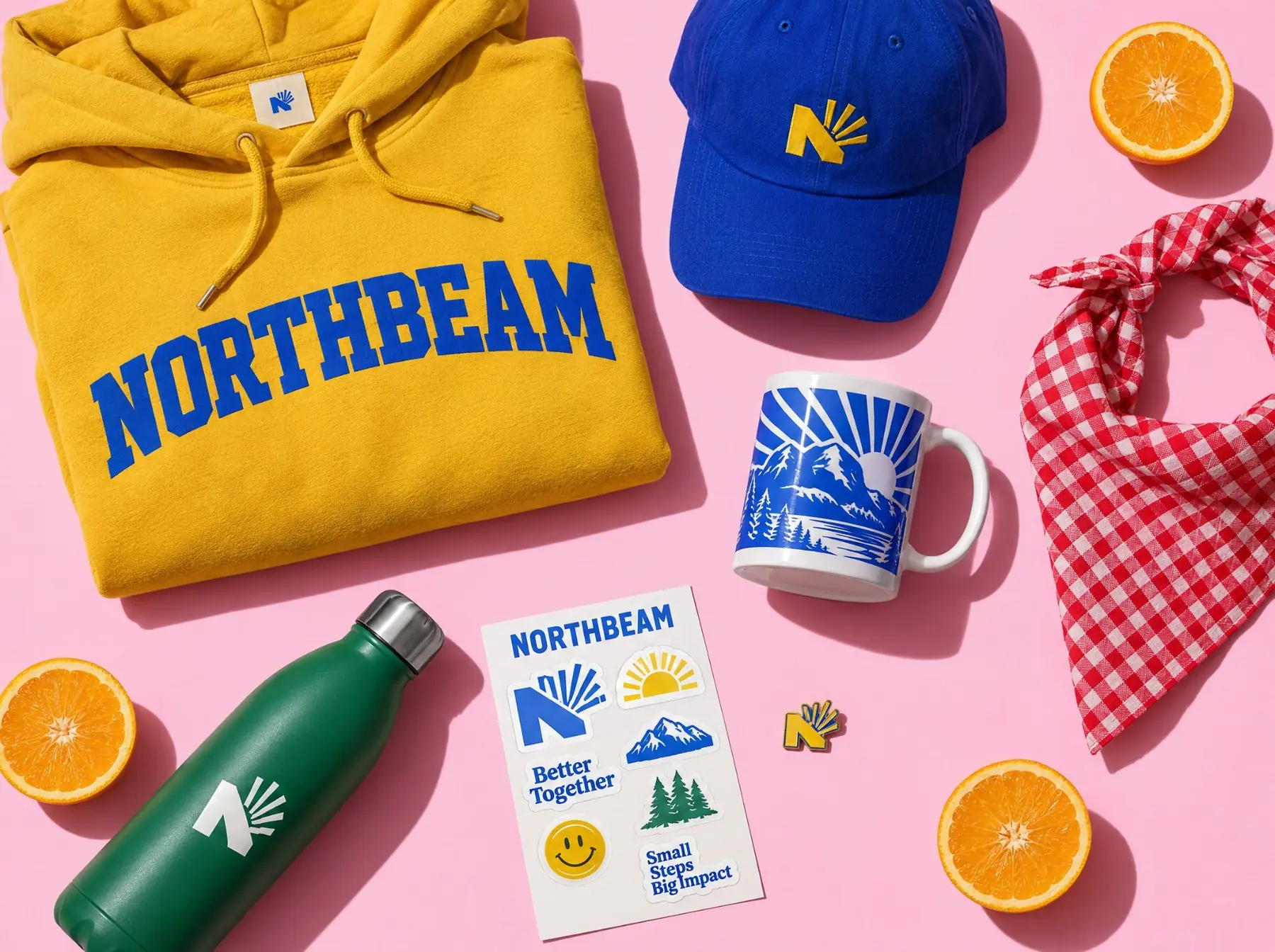 Northbeam branded merchandise laid out flat